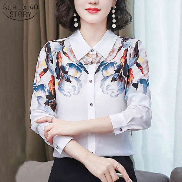 

retro printed mulberry silk shirt white women's long-sleeved spring and autumn elegant chemisier femme 10720 210508