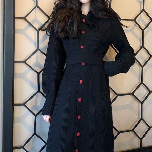 

casual dresses dress women clothes french minority doll medium length small fragrance hong kong style slim temperament waist knit skirt spri, Black;gray