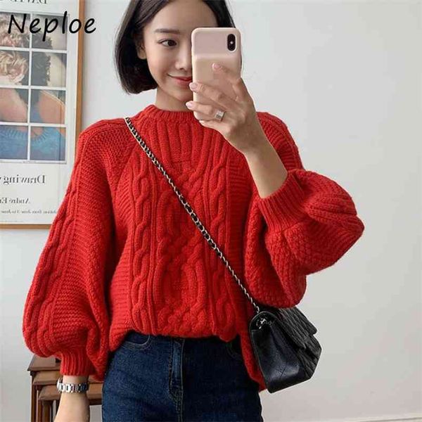 

solid color chic twist patchwork sweater women warm all-match o-neck pullovers autumn loose lantern sleeve 210422, White;black
