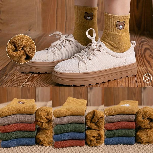 

sports socks women winter warm thicked solid cotton comfortable soft knee-high sock cute bear pattern casual yoga, Black
