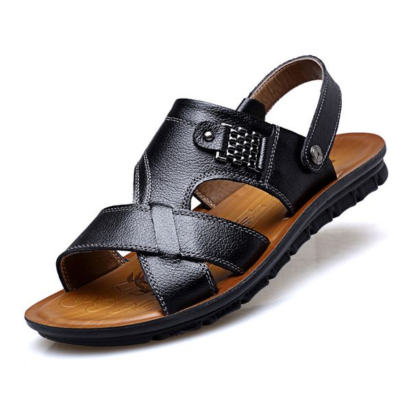 

genuine leather summer men shoes men sandals summer shoes flat beach sandals cow leather male shoes a659, Black