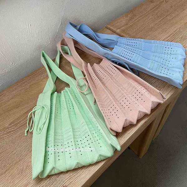 

shopping bags knitted hollow mesh wrinkle simple handbag japan and south korea ins women fashion cloth shoulder bucket tote female purse 220