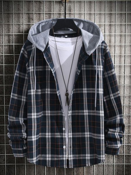 

men plaid print drawstring hooded shirt without tee 39g7#, White;black