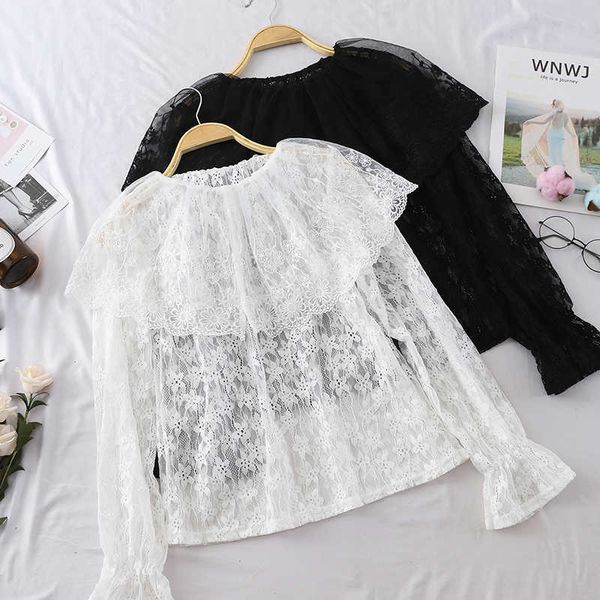 

sweet lace women blouse spring lady elegant see-through shirts ruffles bottoming 210601, White