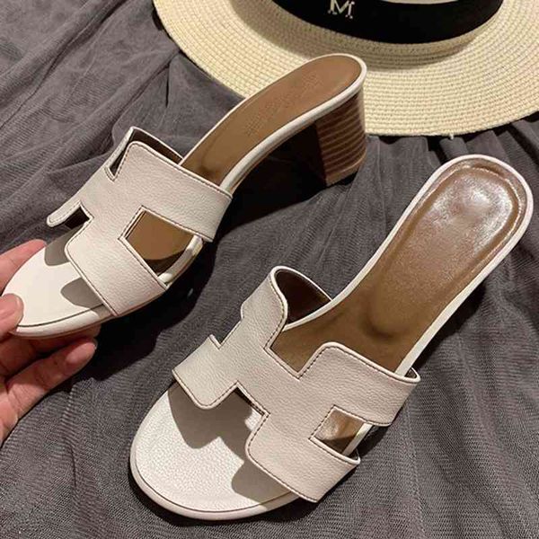 

70% off wholesale flip-flops luxury designer women block heel sandals peep toe slippers outdoor genuine leather shoes ladies slides summer, Black