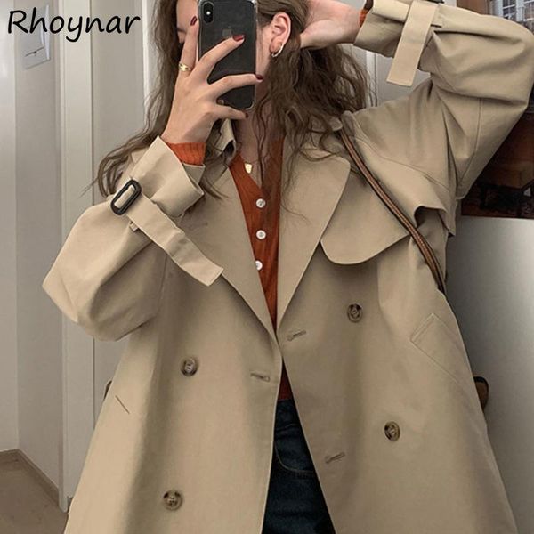 

women's trench coats women all-match outwear cropped double breasted loose england style basic autumn casual fashion college streetwear, Tan;black
