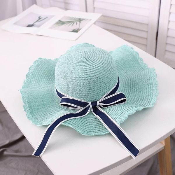 

wide brim hats women sun summer big straw hat floppy bowknot folding beach cap protection sombreros de mujer, Blue;gray