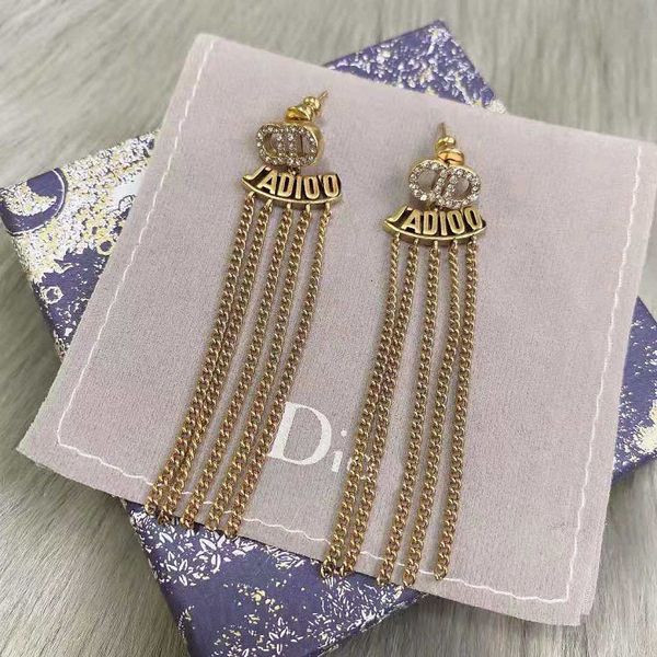 

2021 d family letter cd diamond chain long earrings brass female 925 sier needle, Golden