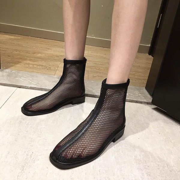

boots 2021 summer mesh women's mid tube breathable short women zipper round head heel net, Black