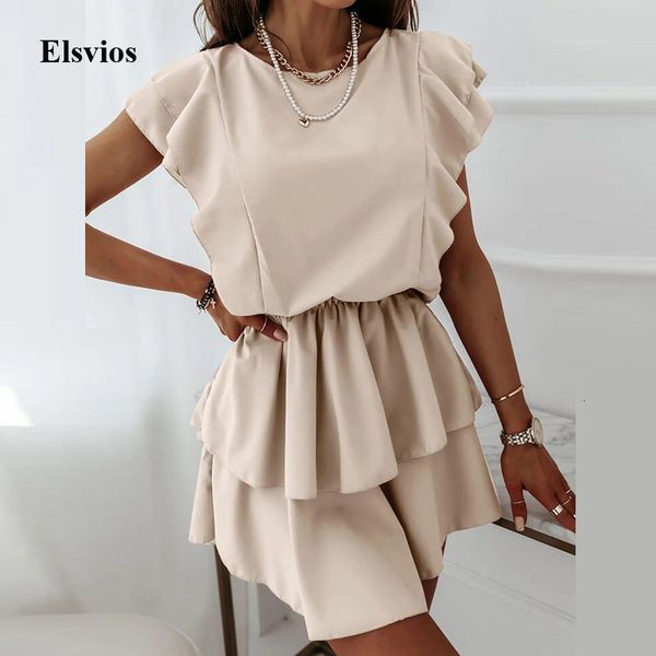 

casual dresses fashion solid pleated ruffle summer elegant o-neck lady party 2021 butterfly sleeve women mini vestidos 8tf6, Black;gray