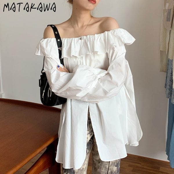 

women's blouses & shirts matakwa korean autumn lazy slash neck off shoulder ruffles woman shirt loose casual split long puff sleeve blu, White