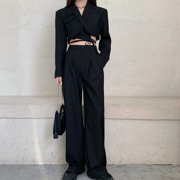 

spring trousers 2 piece set womens outfits crop lace up short coat + waist wide pants suits 210930, White