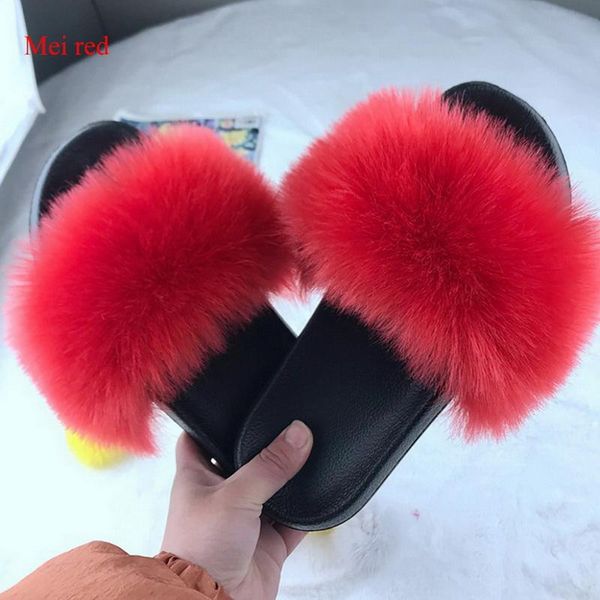 

women fur slippers real slides lovely plush woman summer home sandals furry flip flops, Black