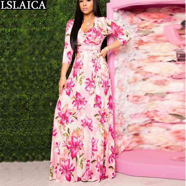 

boho autumn women dress floral print three quarter sleeve v neck ladies maxi high waist sashes beach holiday abiti 210515, Black;gray