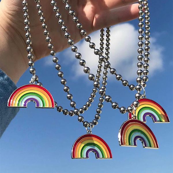 

pendant necklaces stainless steel colorful rainbow necklace women 2021 harajuku street geometric & punk bead chain choker gifts, Silver