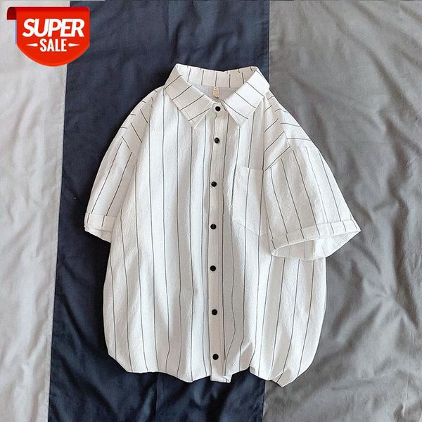 

striped five-point versatile long-sleeved casual shirt men's short-sleeved fat plus size loose korean version #xd7v, White;black
