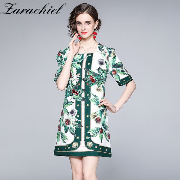 

women's square collar half sleeve short summer green floral print gemstone beading vintage party straight dress 210416, Black;gray