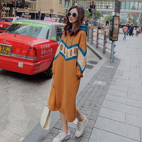 

casual dresses long sleeve dress women loose fall warm all-match korean style midi thickening baggy plus size 4xl est basic patchwork orange, Black;gray