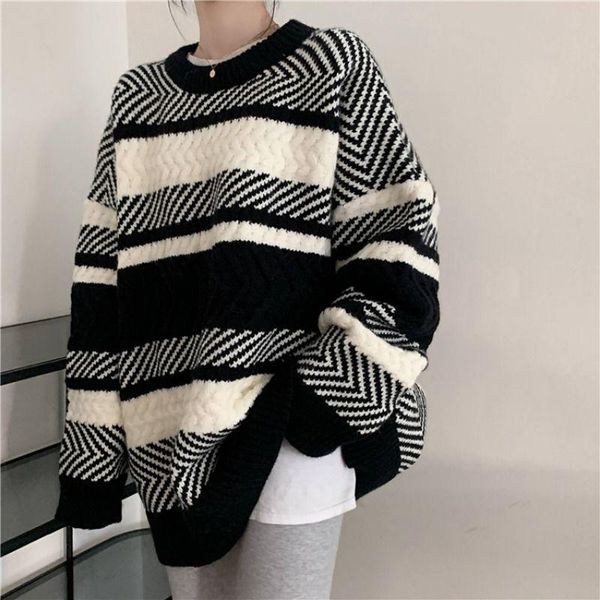 

women's sweaters 2021 autumn and winter mid - long sweater women retro stripe pullover korean loose languid lazy wind outside wear, White;black