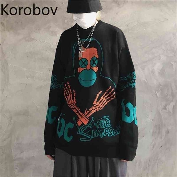 

korobov harajuku cartoon knit jacquard women sweaters streetwear hip hop style sueter mujer high street pullovers 79326 210430, White;black