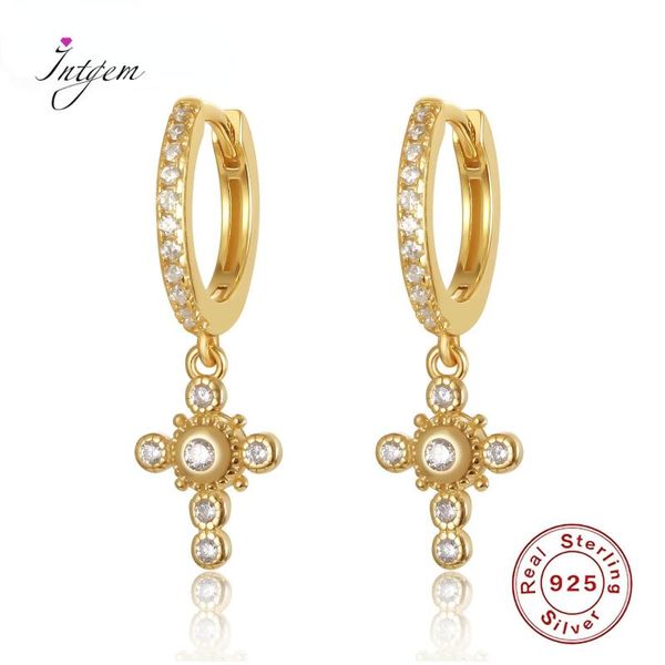 

hoop & huggie s925 sterling silver ear earrings gold cross jewelry for women cute circle fine gift wholesale, Golden;silver