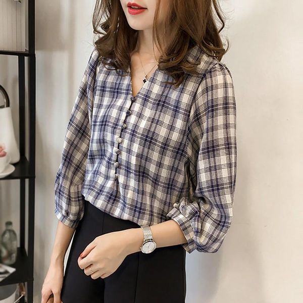

plaid loose v neck womens print lantern sleeve three quarter casual, White