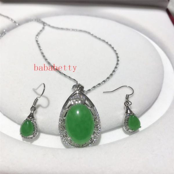 

earrings & necklace natural green jades pendant 22x34mm set, Silver