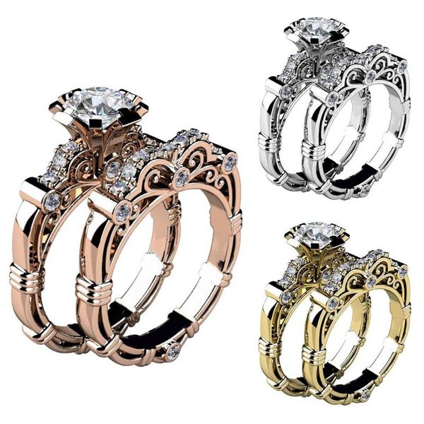 

wedding rings 2pcs/set women ring engagement retro rhinestone carved finger jewelry woman's accesories, Slivery;golden