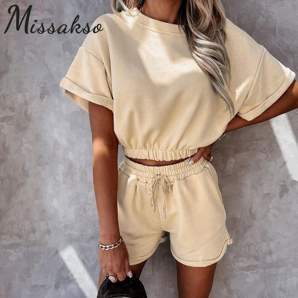 

women's tracksuits missakso fashion o neck short sleeve crop and lace up high waist streetwear 2021 summer women white two piece set, Gray