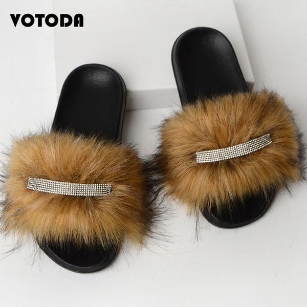 

slippers furry fur summer women beach fluffy raccoon slides fake flip flops home flat sandals female shoes, Black
