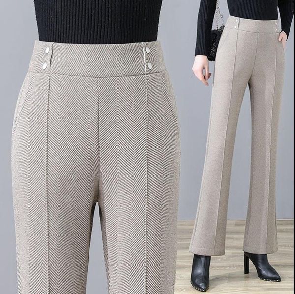 

women's pants & capris woolen women 2021autumn winter high waisted casual straight flare slim plus size black office lady trousers, Black;white