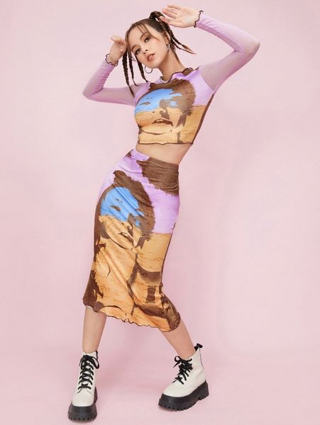 

tie dye figure graphic lettuce trim crop tank & skirt 77ik#, White