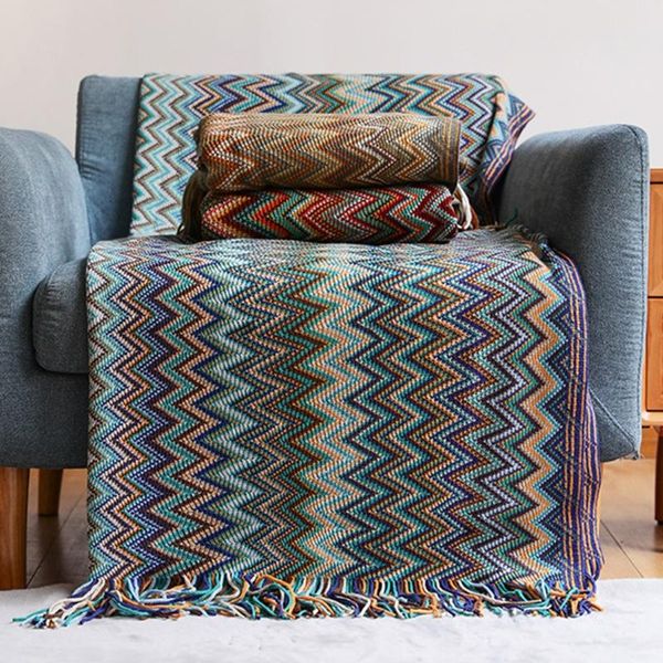 

blankets 29ea bohemian throw blanket with fringe tassel colorful wavy striped pattern travel knitted shawl sofa couch chair bed home