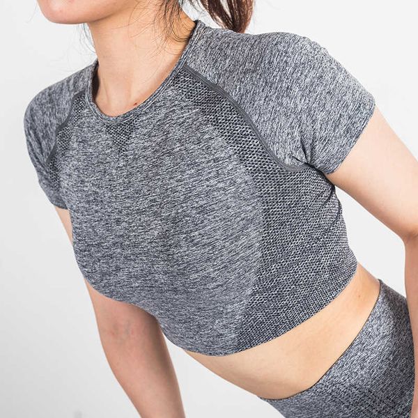 

fitness suit women's spot quick drying yoga suit short sleeve tight outdoor sports thin top, Gray
