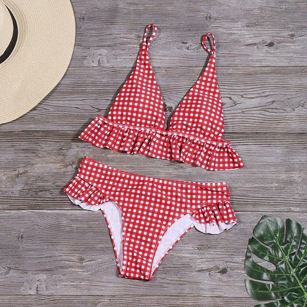 

plaid bikini ruffle swimwear push up split bathing suit one-piece suits