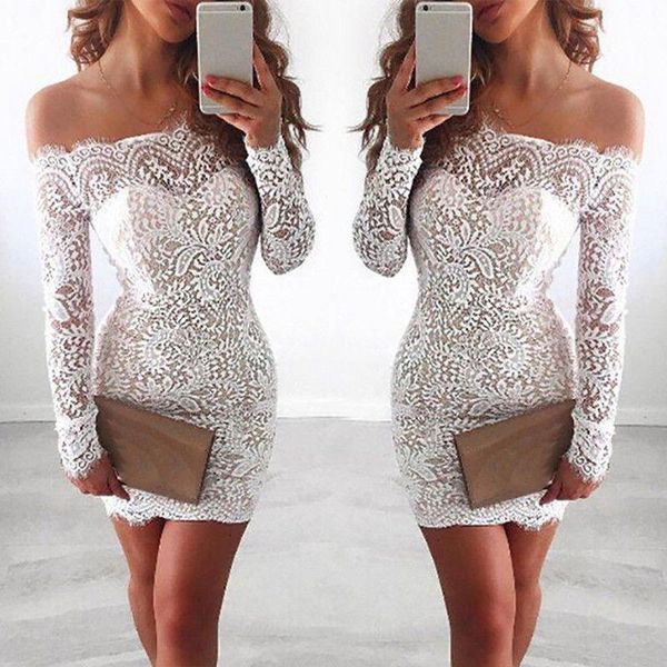

casual dresses women off shoulder long sleeve lace floral bodycon slim evening party club short mini dress ladies sheath, Black;gray