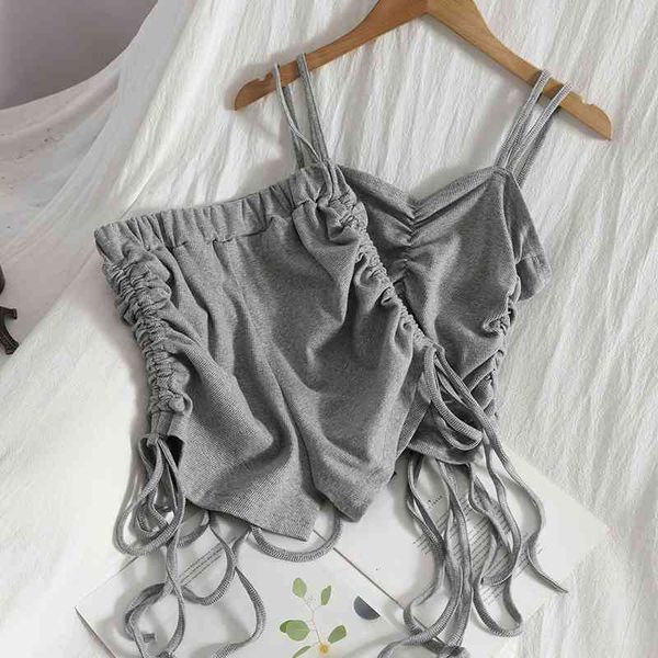 

two piece dress summer short pleated double-shoulder camisole vest with solid color wild straight shorts casual drawstring two-pie, White