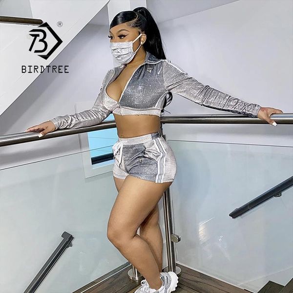 

women's tracksuits sport zipper long sleeve crop and shorts sets sparkle outfit lounge glitter 2 piece s16607x, Gray