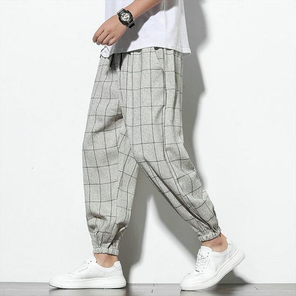 

harem cotton linen casual women pant male summer harajuku plaid wide leg cross man hiphop jogger trousers, Black