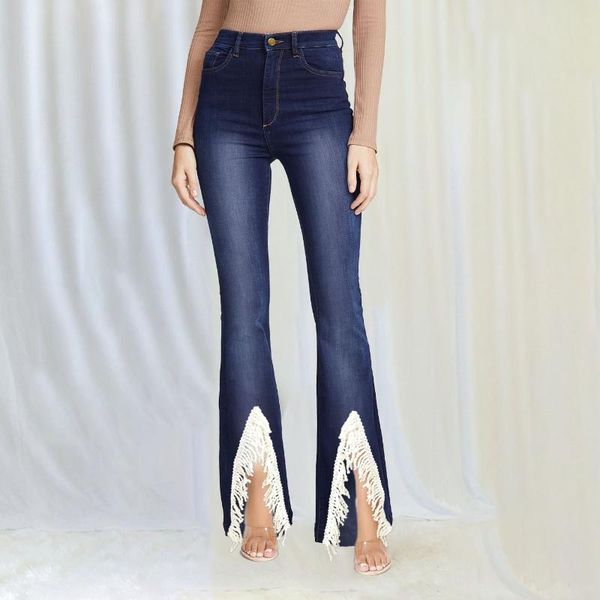 

women's jeans fashion with irregular fringes women high waist retro skinny wide leg trousers ladies casual bell bottom flare pant, Blue
