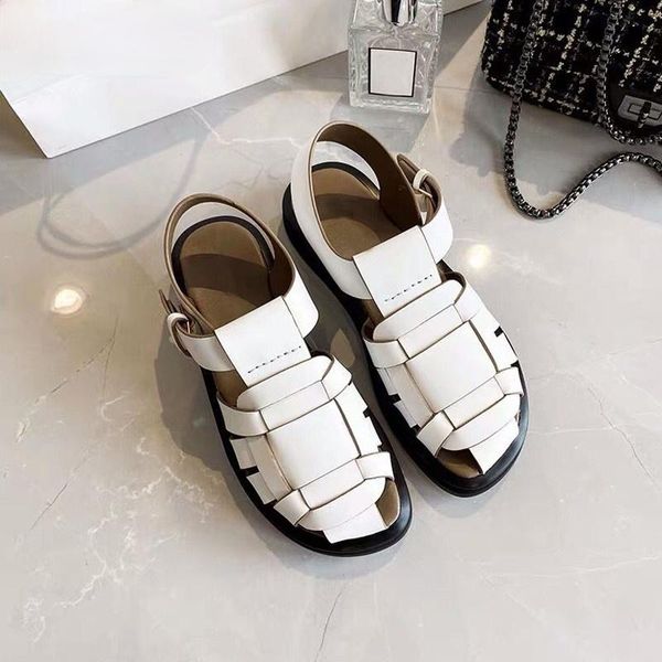 

sandals fashion women round toe thick bottom rome hollow out weave leather shoes casual beach flat, Black