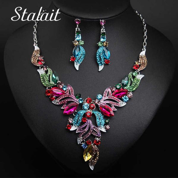 

lager crystal multi color hollow seaweed jewelry sets women full rhinestone silver color link chain wedding necklace earrings h1022
