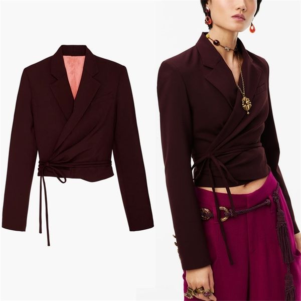 

vintage cropped wrap blazer women long sleeve shoulder pads pleat casual blazers coat woman chic front tie outerwear 210524, White;black
