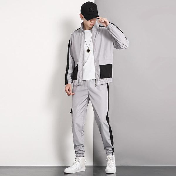 

men's tracksuits european trend 2021 spring and autumn middle-aged young fashion color matching casual sports suit, Gray
