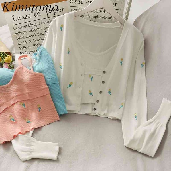 

kimutomo chic women suit spring embroidered v-neck single breasted thin cardigan + short knitted sling two piece set 210521, White