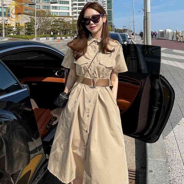 Estate stile coreano temperamento casual abito di media lunghezza moda vita alta grandi abiti cachi oscillanti con cintura 210520