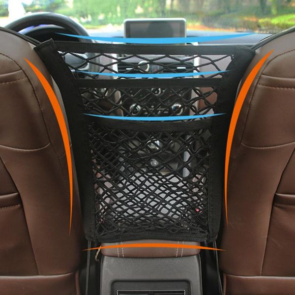 

car organizer elastic cargo net bag storage between seat with 4 plastic hooks
