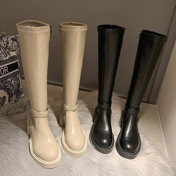 

boots 2022 winter fashion women platform knee high long 6.5cm block heels punk thigh riding party shoes, Black