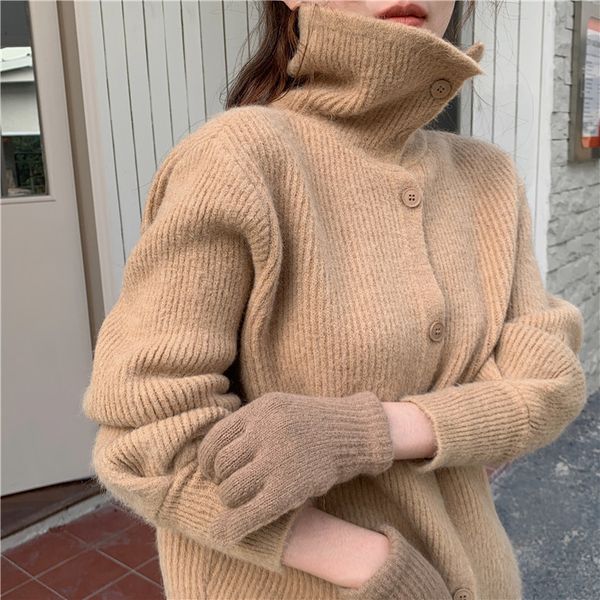 

korean slacker-style female releases fashion solid color fall and casual winter button cardigan turtleneck sweater, White;black