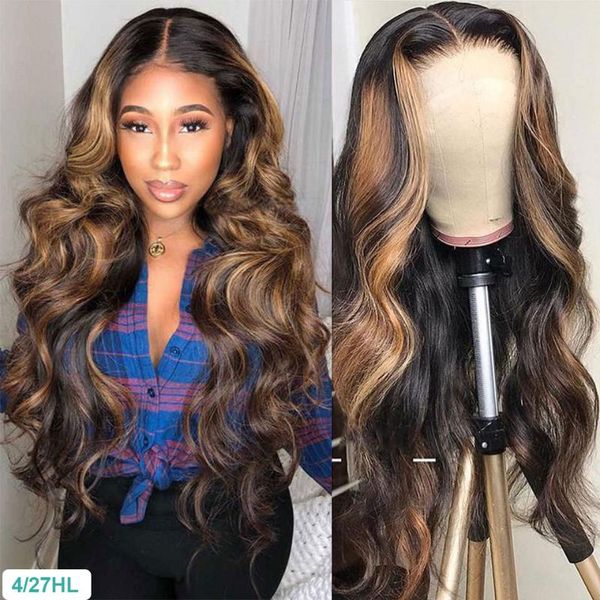 

inch p4/27 highlight colored body wave human hair wigs pre plucked peruvian lace front for black women, Black;brown